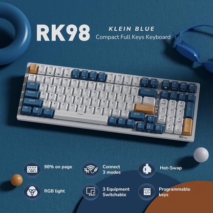 RK98 Wireless Mechanical Keyboard, Triple Mode 2.4G/BT5.1/USB-C Hot Swappable Mechanical Keyboard with Number Pad, Pre-Lubed Switches RGB Backlit Gaming Keyboard, Software Support