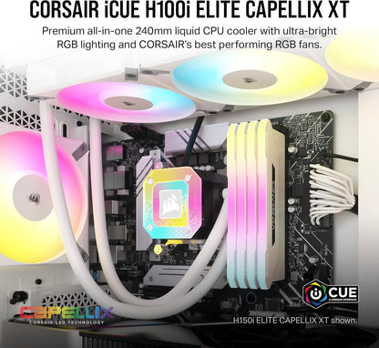 Icue H100I Elite CAPELLIX XT Liquid CPU Cooler - White - AF120 RGB Elite Fans - 240Mm Radiator - Intel® LGA 1700, 1200, 115X, 2066, AMD® AM5, AM4