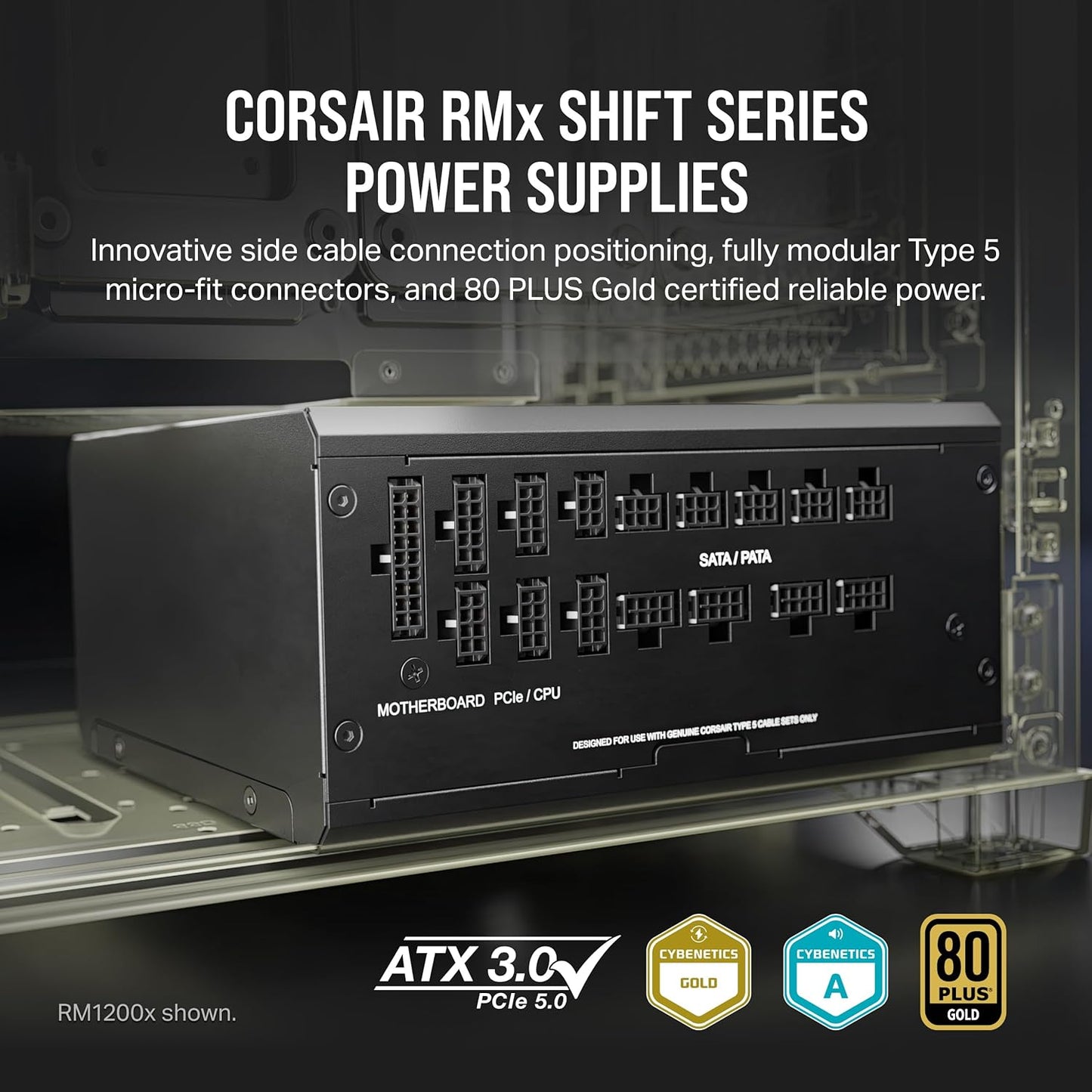 Rm1000X Shift Fully Modular ATX Power Supply - Modular Side Interface - ATX 3.0 & Pcie 5.0 Compliant - Zero RPM Fan Mode - 105°C-Rated Capacitors - 80 plus Gold Efficiency - Black